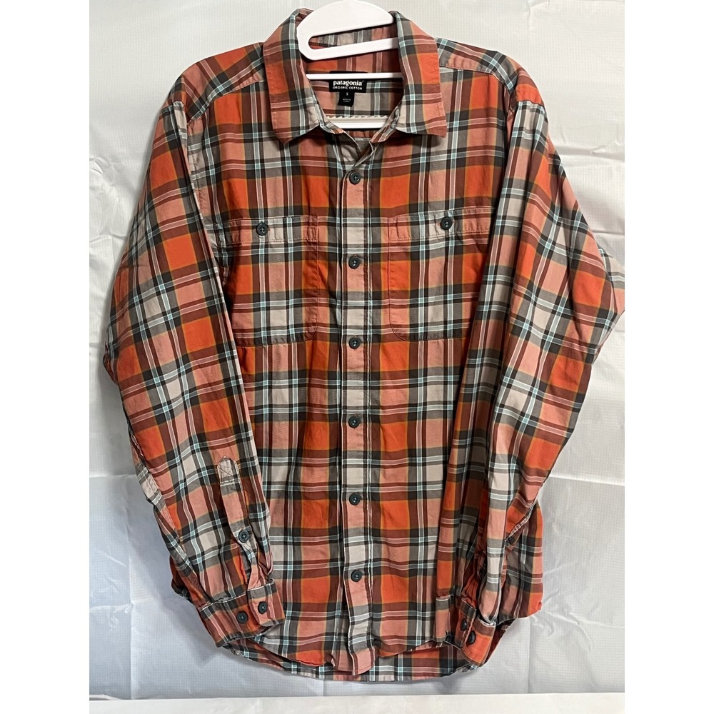 Patagonia Mens Organic Cotton Plaid Long Sleeve Button Down Shirt Orange Small